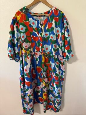 Variety Hour Linen Puff Sleeve Dress Tulip Multicolor Button Midi Artsy-XXL
